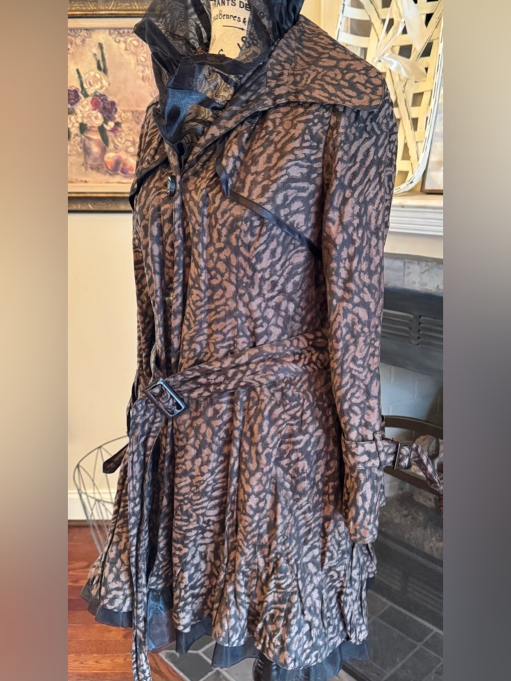 Vintage Y2K Leopard Print Black Tulle Ruffle Belt Trench Coat Avant Garde Small - Picture 5 of 12